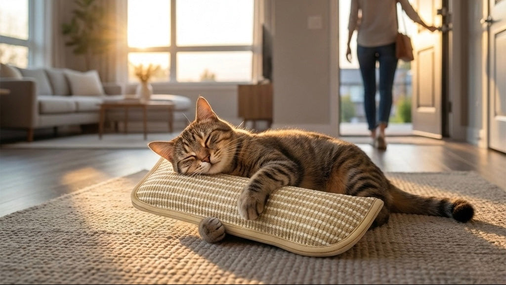 Cat lying on a cushion in a cozy living room, hugging his favourite cat toy, while his owner goes out for work.
