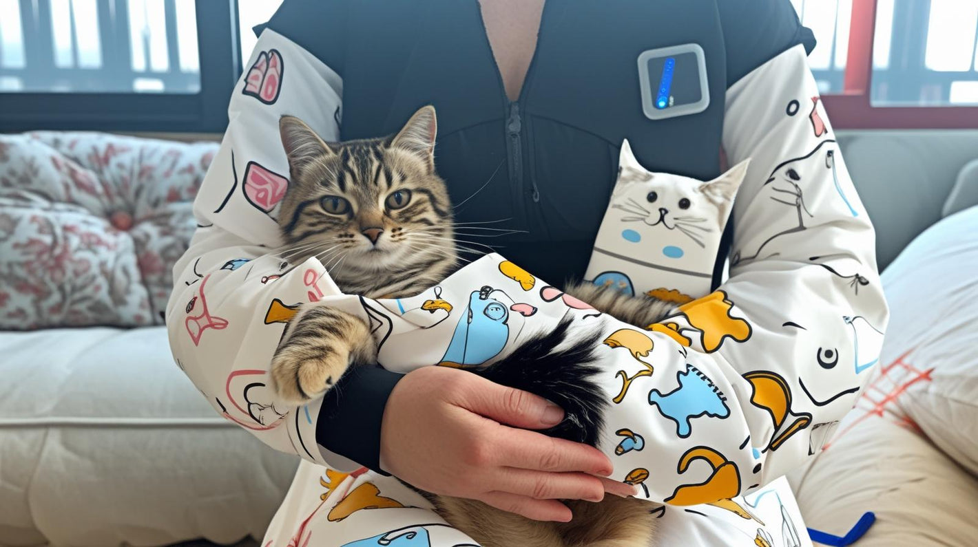 person holding a cat in cozy cat wrap for easy nail trimming